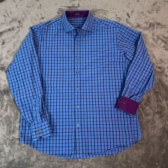 Bugatchi Uomo LS Button Down Shirt Mens L Blue Check Classic Fit Pop Cuff - Picture 1 of 11
